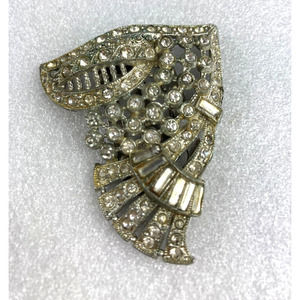 Vintage Art Deco Clear Rhinestone Fur Clip Silver Ton Baguettes Large 2.25"